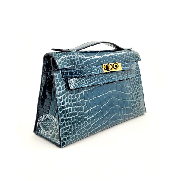 Hermès Kelly 22cm Bleu Izmir Mini Pochette Shiny Alligator GHW