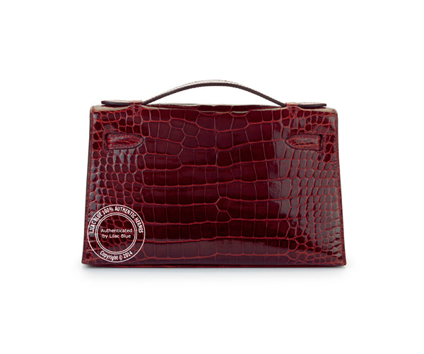 Hermès Kelly 22cm Burgundy Mini Pochette Shiny Croc PHW