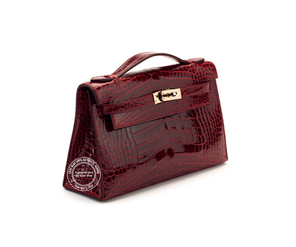 Hermès Kelly 22cm Burgundy Mini Pochette Shiny Croc PHW
