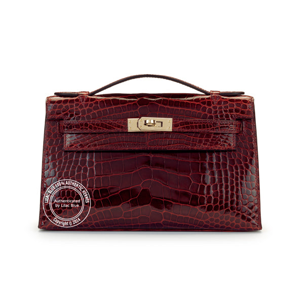 Hermès Kelly 22cm Burgundy Mini Pochette Shiny Croc PHW