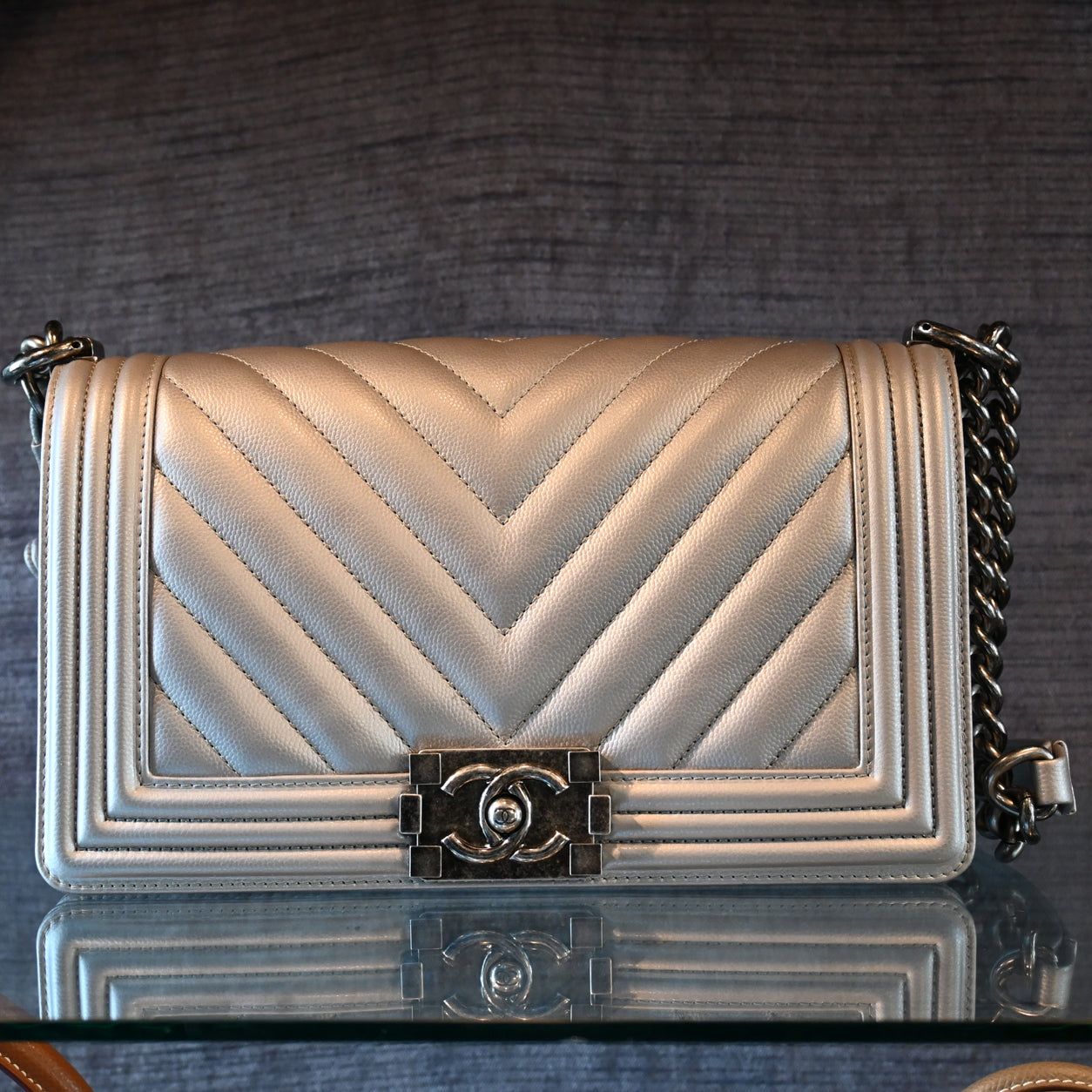 Chanel Boy Bag Metallic Silver Lambskin Ruthenium - Preloved