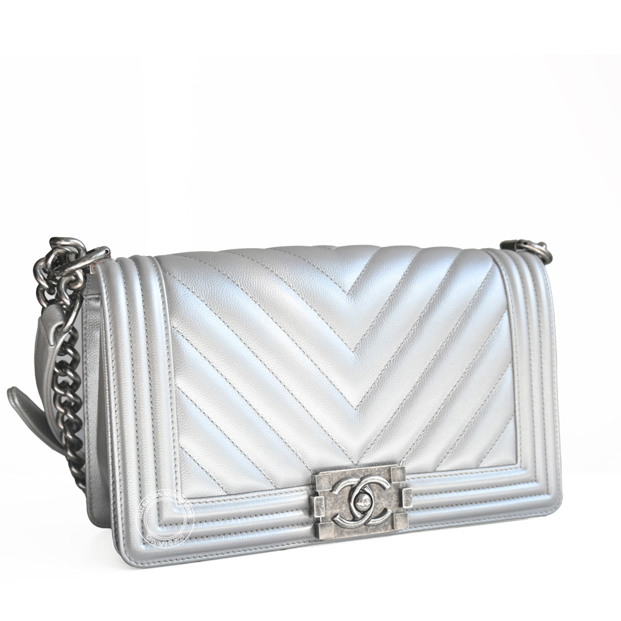 Chanel Boy Bag Metallic Silver Lambskin Ruthenium - Preloved