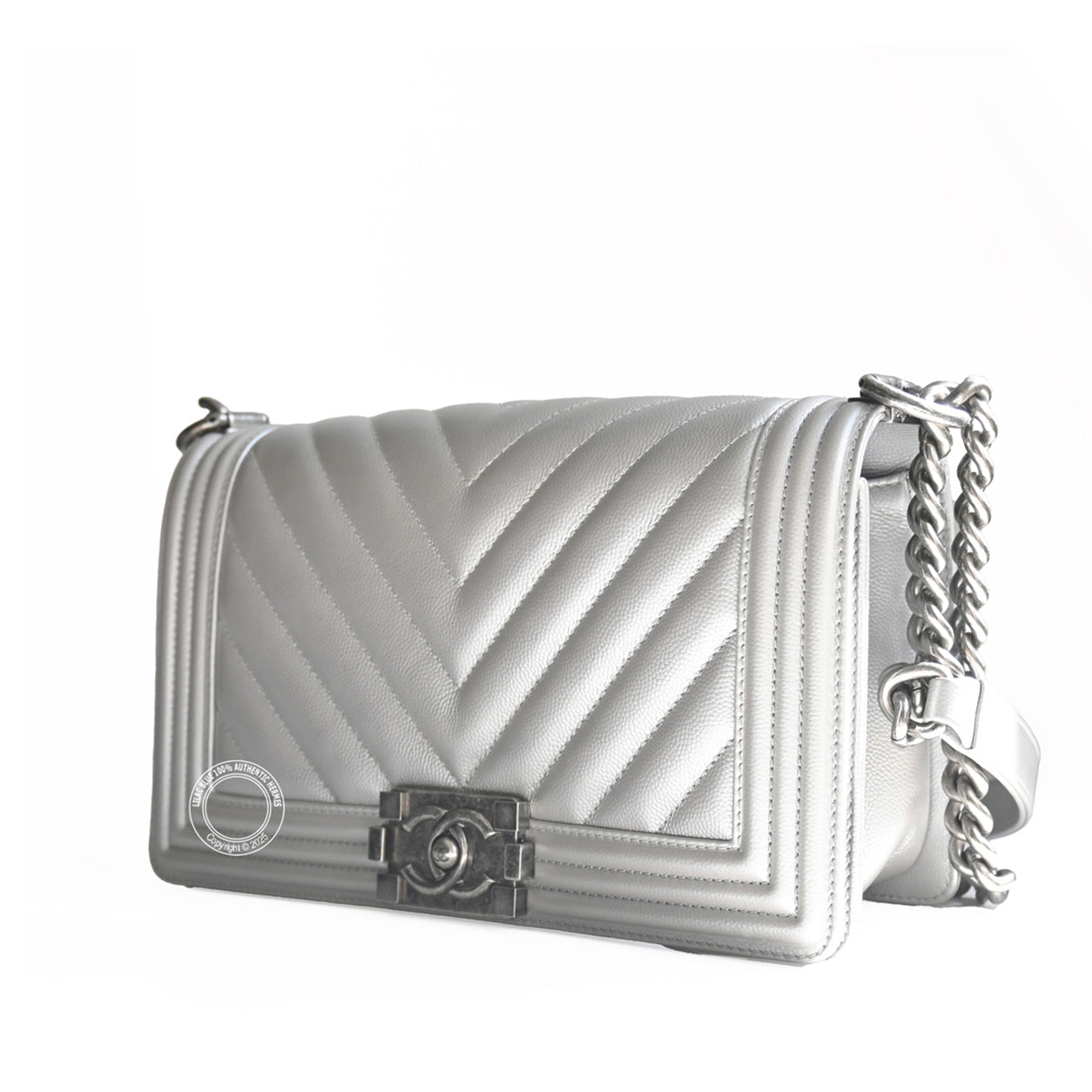 Chanel Boy Bag Metallic Silver Lambskin Ruthenium - Preloved