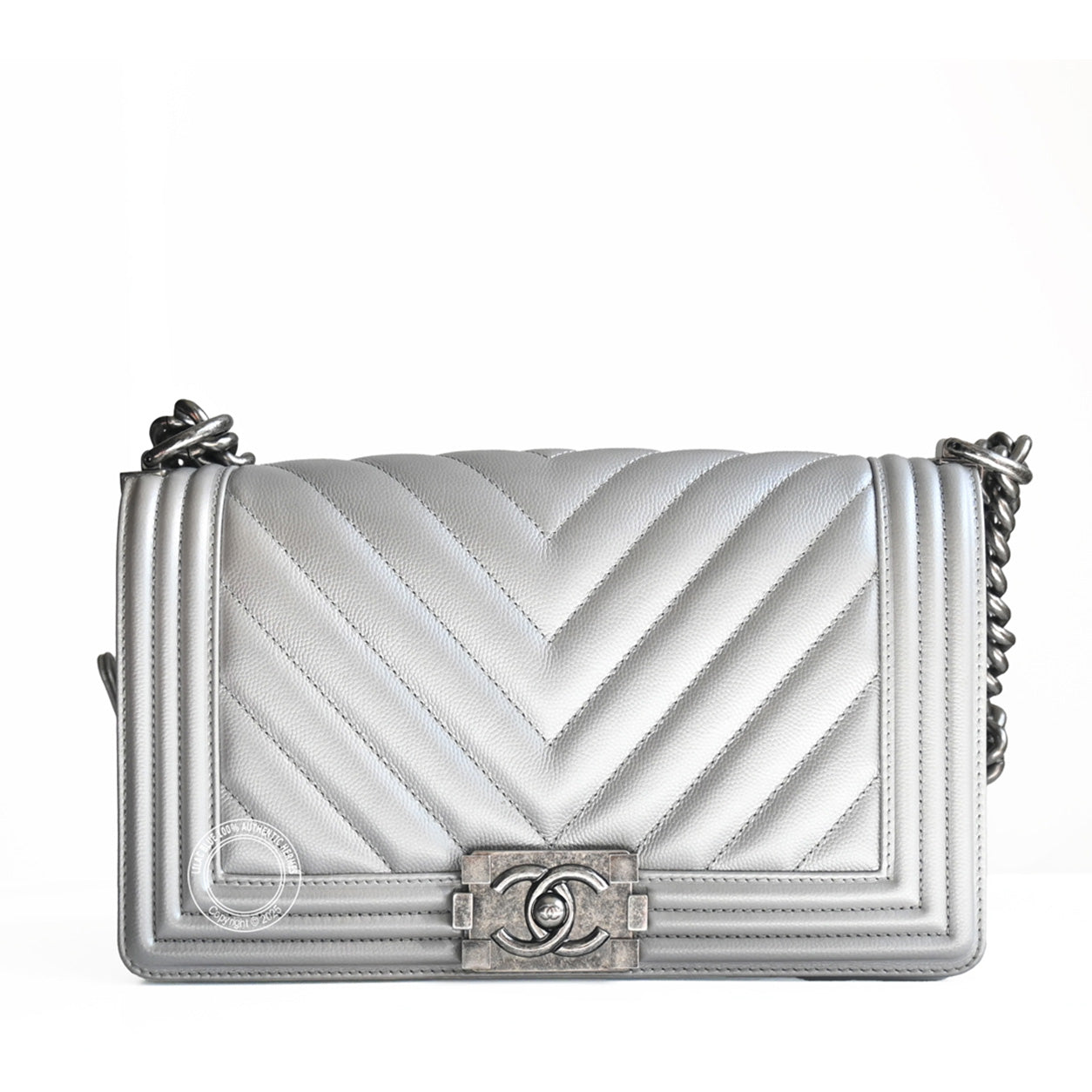 Chanel Boy Bag Metallic Silver Lambskin Ruthenium - Preloved
