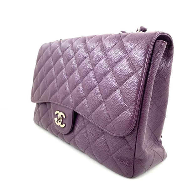 Chanel Classic Flap Bag Jumbo Purple Caviar Silver - Preloved