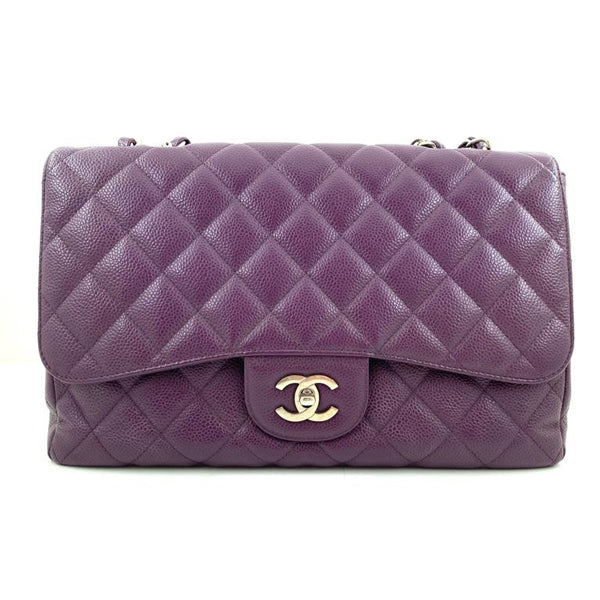 Chanel Classic Flap Bag Jumbo Purple Caviar Silver - Preloved