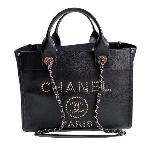 Chanel Deauville Tote Black Caviar Leather Silver - Preloved