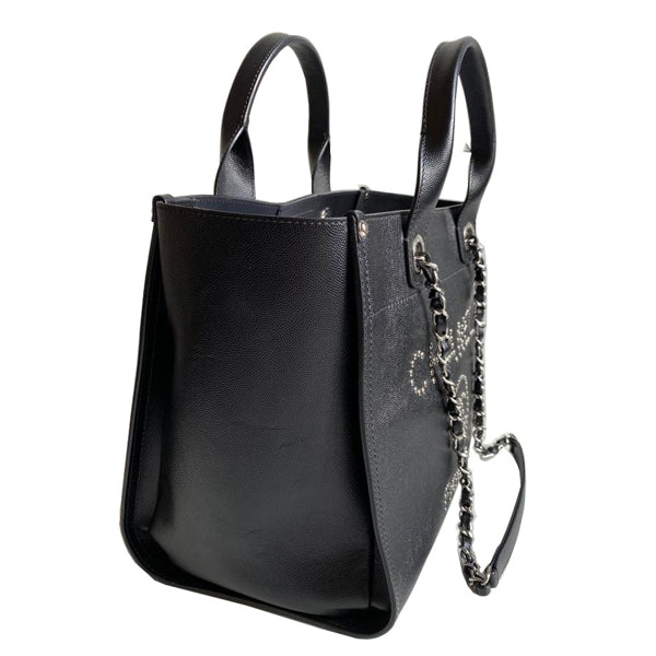Chanel Deauville Tote Black Caviar Leather Silver - Preloved