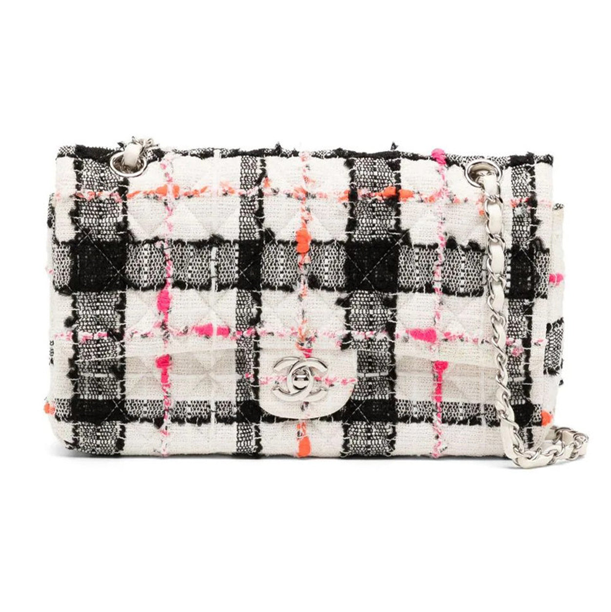 Chanel Double Flap Medium Black/Pink/White Tweed PHW - Preloved