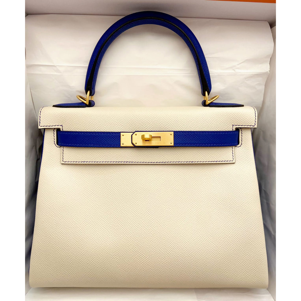 Hermès Kelly 28cm Craie/Bleu Electrique HSS Retourne Epsom BGHW