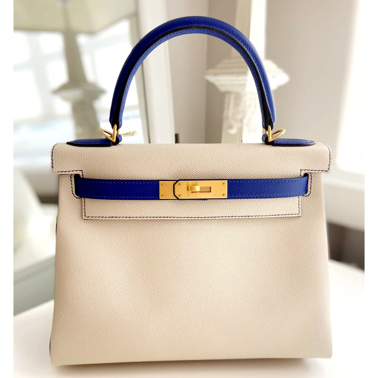 Hermès Kelly 28cm Craie/Bleu Electrique HSS Retourne Epsom BGHW