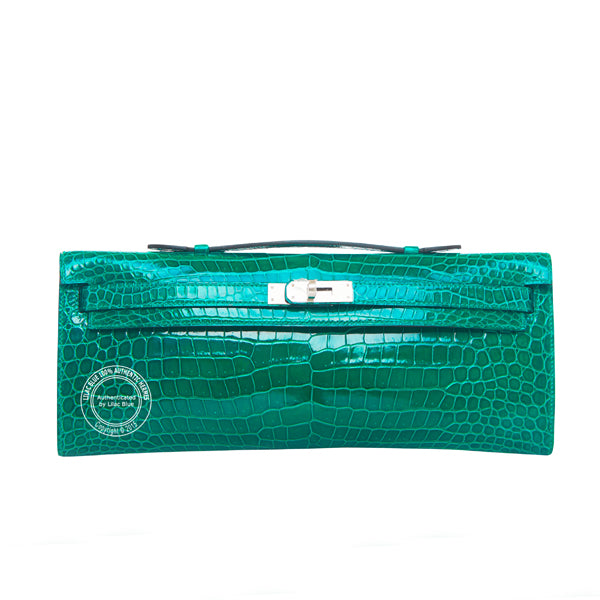 Hermès Kelly 31cm Emerald Cut Pochette Shiny Croc PHW