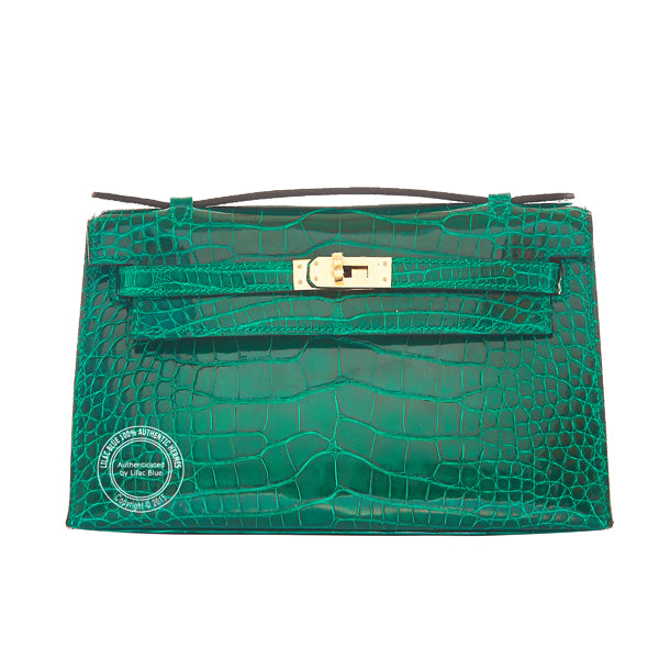 Hermès Kelly 22cm Emerald Mini Pochette Matte Alligator GHW, Gold
