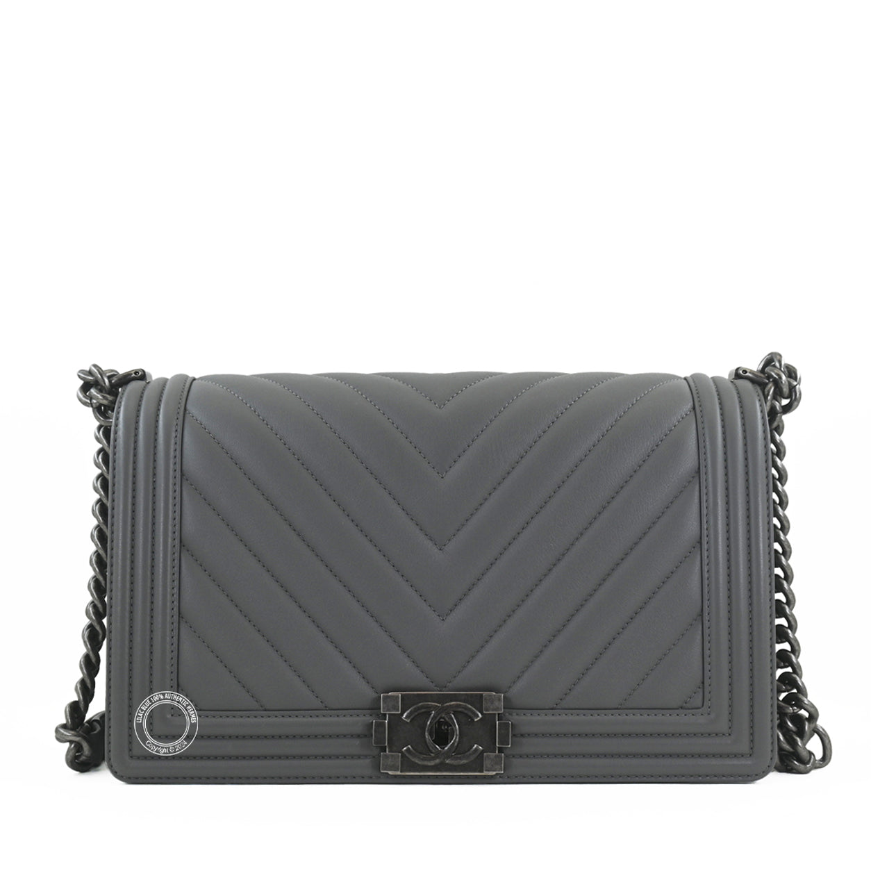 Chanel Boy Bag Grey Calfskin Ruthenium - Preloved