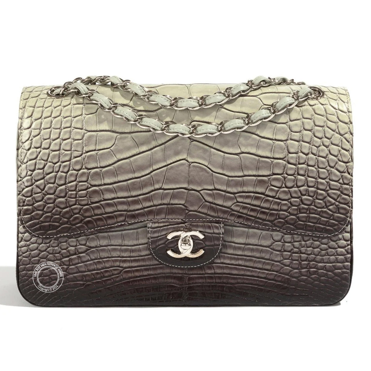 Chanel Double Flap Jumbo Grey Ombre Croc PHW - Preloved