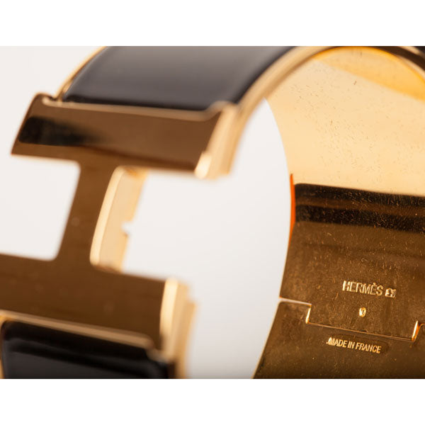 Hermès Clic Clac H Black Enamel Cuff Bracelet, Gold Hasp