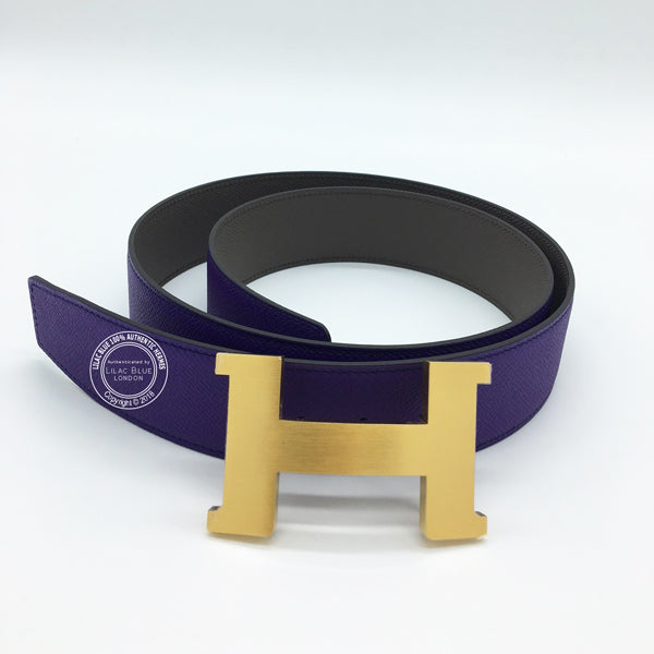 Hermès H Belt in Anemone & Etoupe. Epsom, Gold