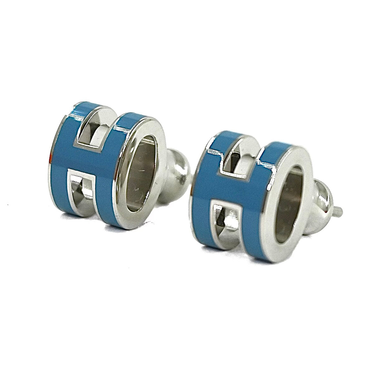 Hermes Mini Pop H Earrings. Bleu Sature/Silver