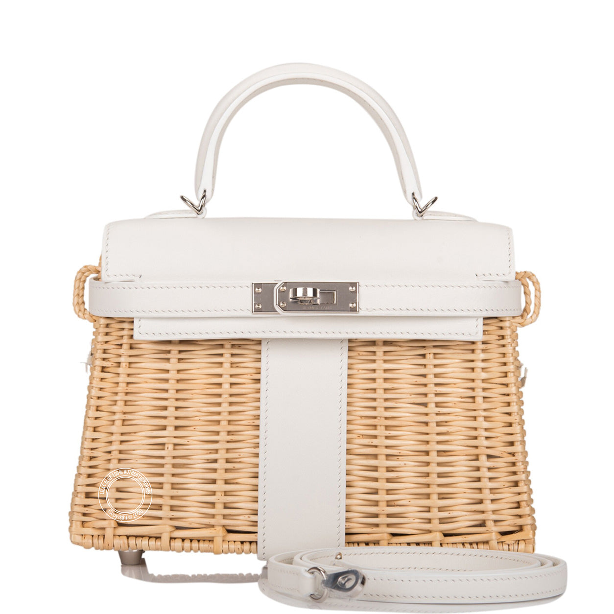 Hermes Kelly Picnic 20cm White Swift leather and osier with palladium hardware