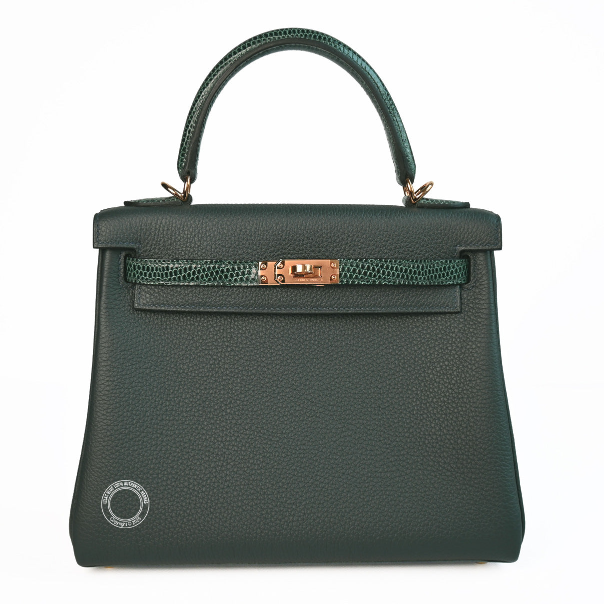 Hermes Kelly 25cm Vert Cypress/Vert Rousseau Touch Togo/Lizard GHW