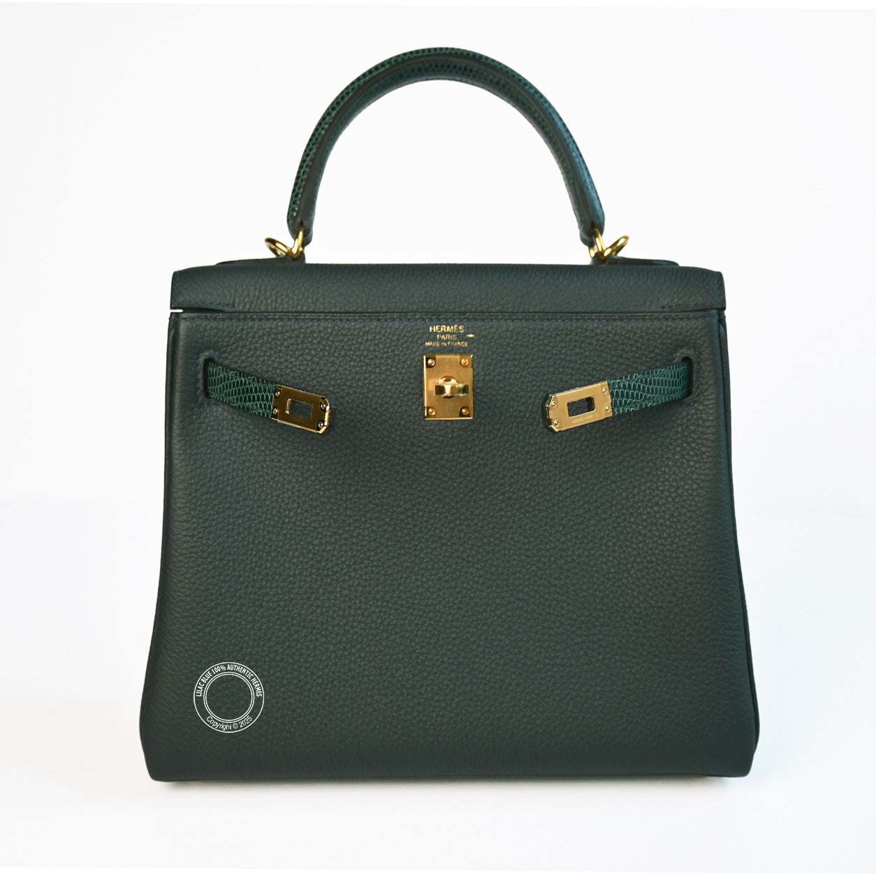 Hermes Kelly 25cm Vert Cypress/Vert Rousseau Touch Togo/Lizard GHW