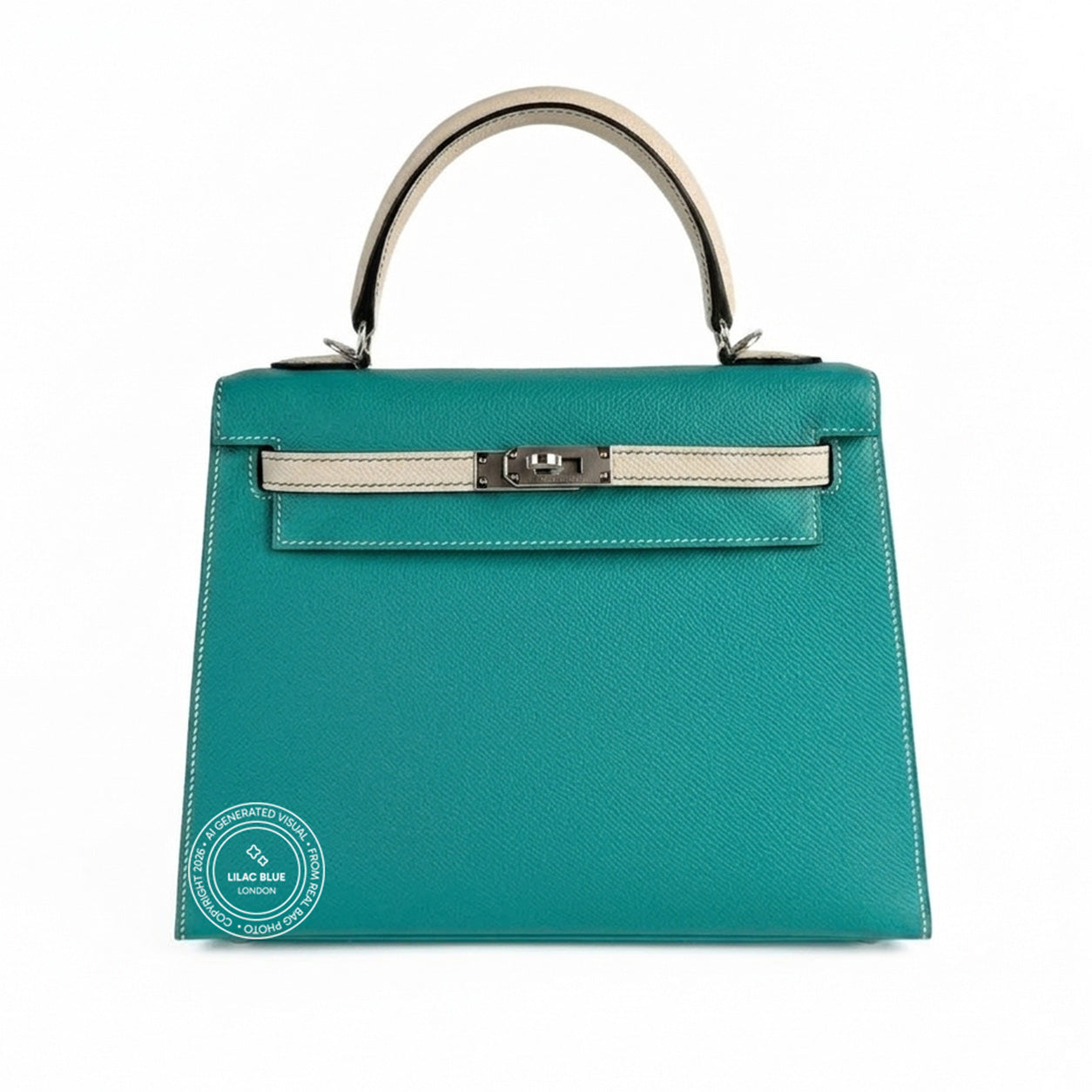 Hermès Kelly 25cm Bleu Paon/Craie Epsom PHW - Preloved