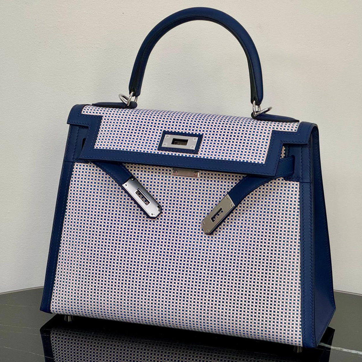 Hermès Kelly 28cm Bleu Saphir & Mauve Sylvestre Swift & Toile Q - PHW