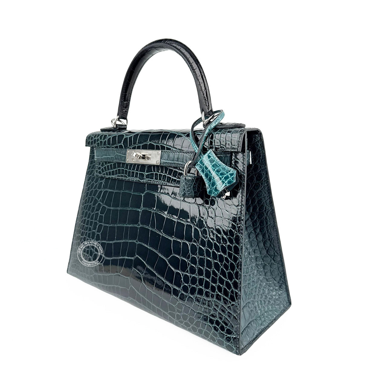 Hermès Kelly 28cm Black/Vert Bosphore/Vert Rousseau Shiny & Matte Croc PHW