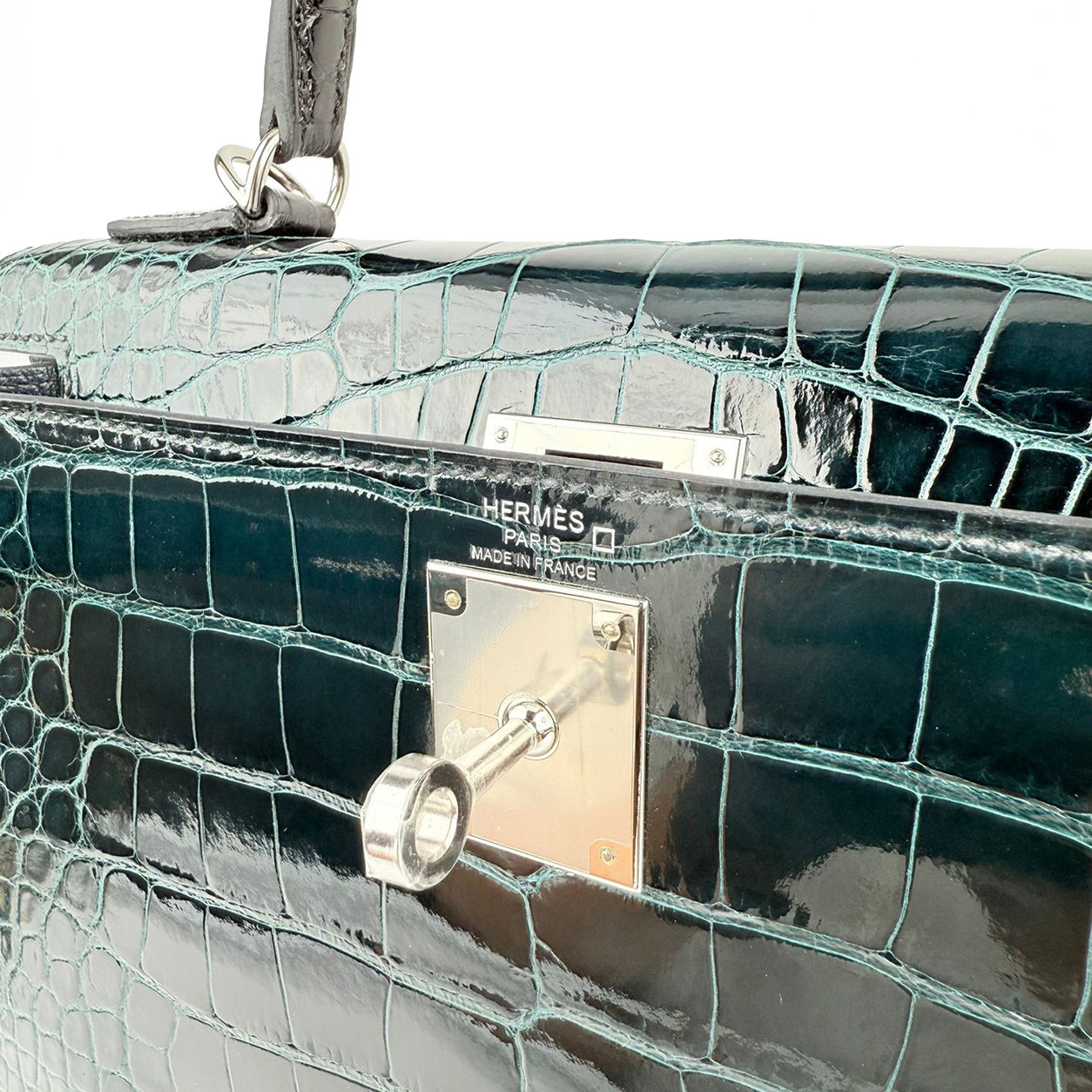 Hermès Kelly 28cm Black/Vert Bosphore/Vert Rousseau Shiny & Matte Croc PHW