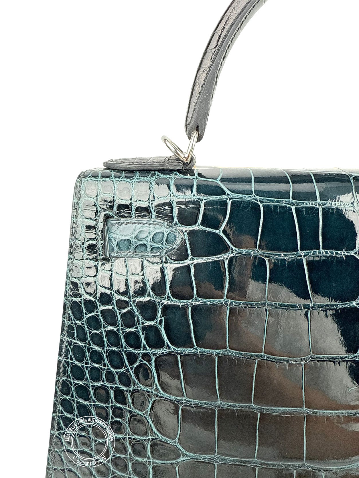 Hermès Kelly 28cm Black/Vert Bosphore/Vert Rousseau Shiny & Matte Croc PHW