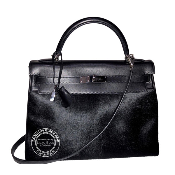 Hermès Kelly 32cm Black Troika Ponyskin Evercalf PHW - Vintage