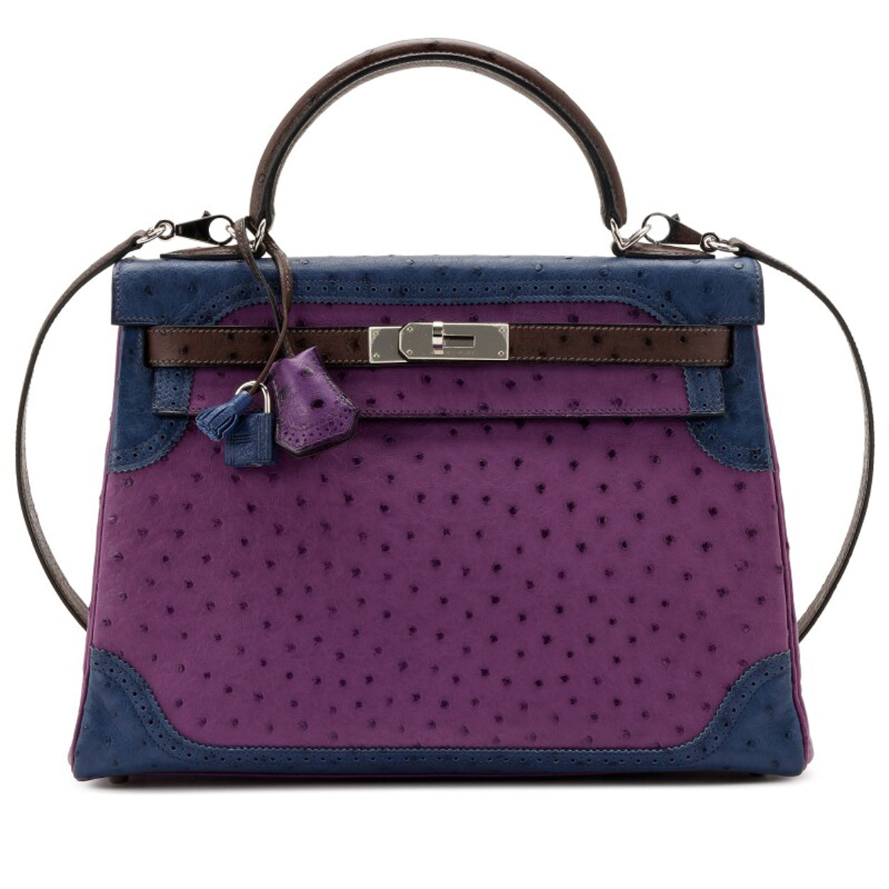 Hermès Kelly 32cm Violet/Bleu de Malte/Marron Ghillies Ostrich PHW - Preloved