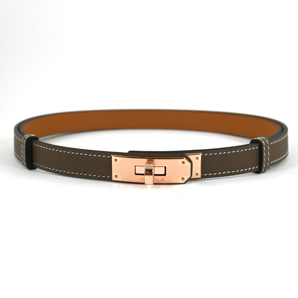 Hermes Kelly Belt in Etoupe. Epsom. Rose Gold