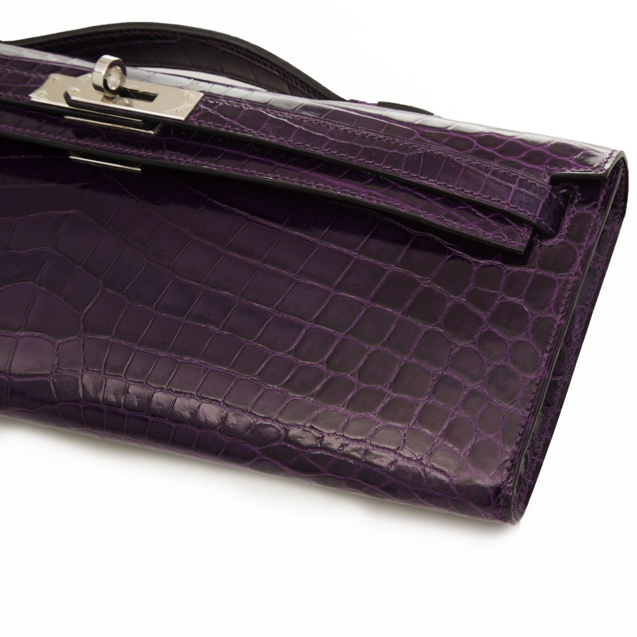 Hermès Kelly 31cm Amethyst Cut Pochette Shiny Croc PHW - Preloved