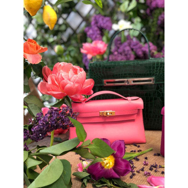 Hermès Kelly 22cm Rose Azalee Mini Pochette Swift GHW