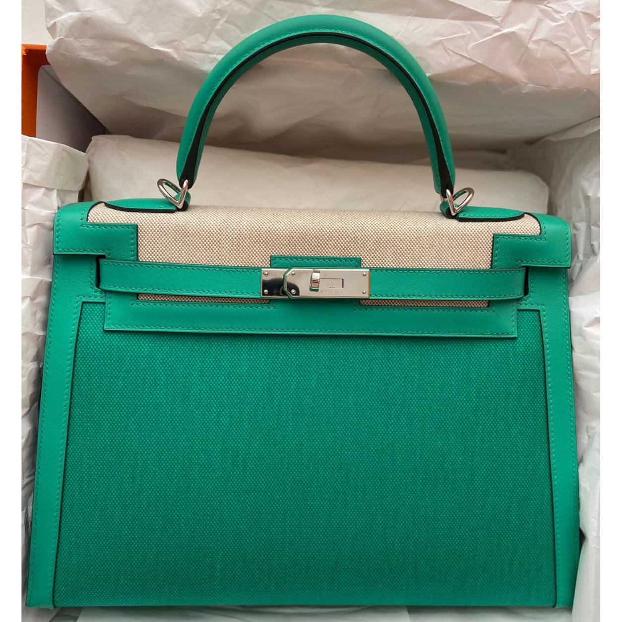 Hermès Kelly 32cm Menthe Canvas/Swift PHW