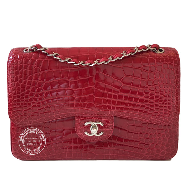 Chanel 2.55 Jumbo in Red. Shiny Alligator - Preloved