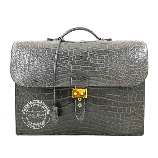 Hermès Sac a Depeche 38cm Gris de Paris Alligator GHW - Preloved