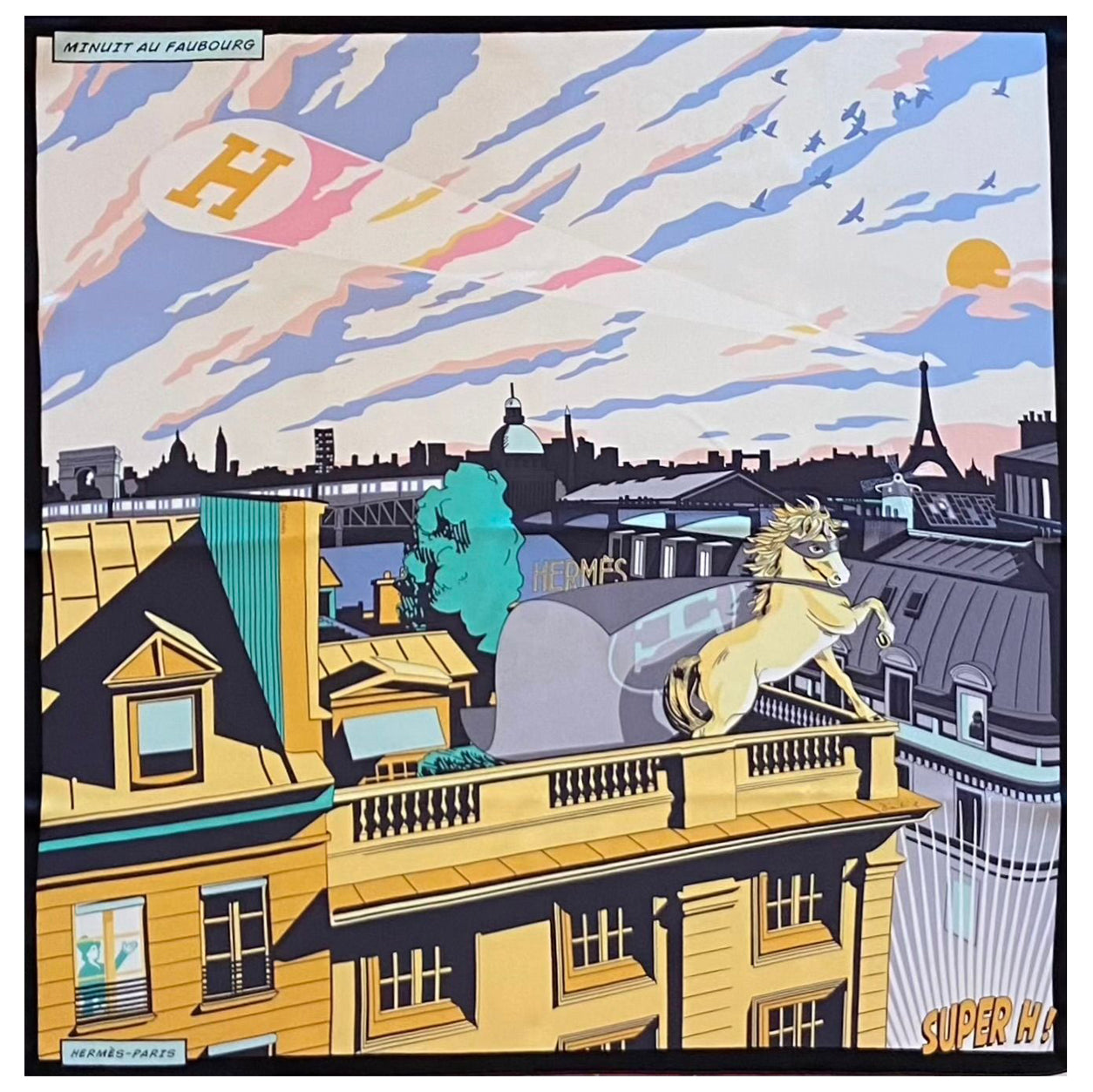 Hermès Scarf Minuet au Faubourg. Black, Beige d'Or, Vert