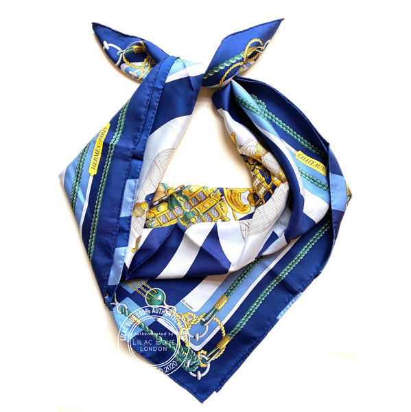Hermès Scarf Chateaux d'Arriere. Blue, Grey, Gold - Preloved