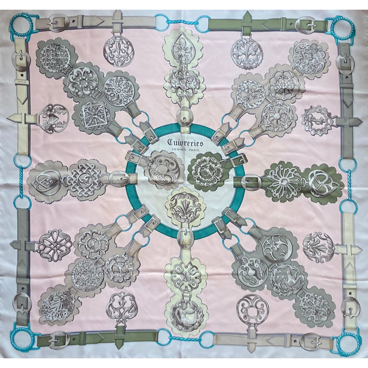 Hermès Scarf Cuivreries. Rose Poudre, Gris