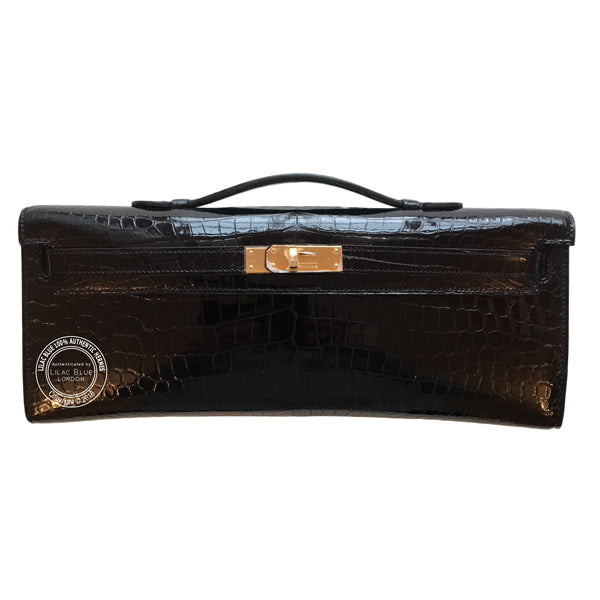 Hermès Kelly 31cm Black Cut Pochette Shiny Croc GHW