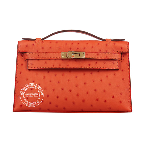 Hermès Kelly 22cm Tangerine Mini Pochette Ostrich GHW