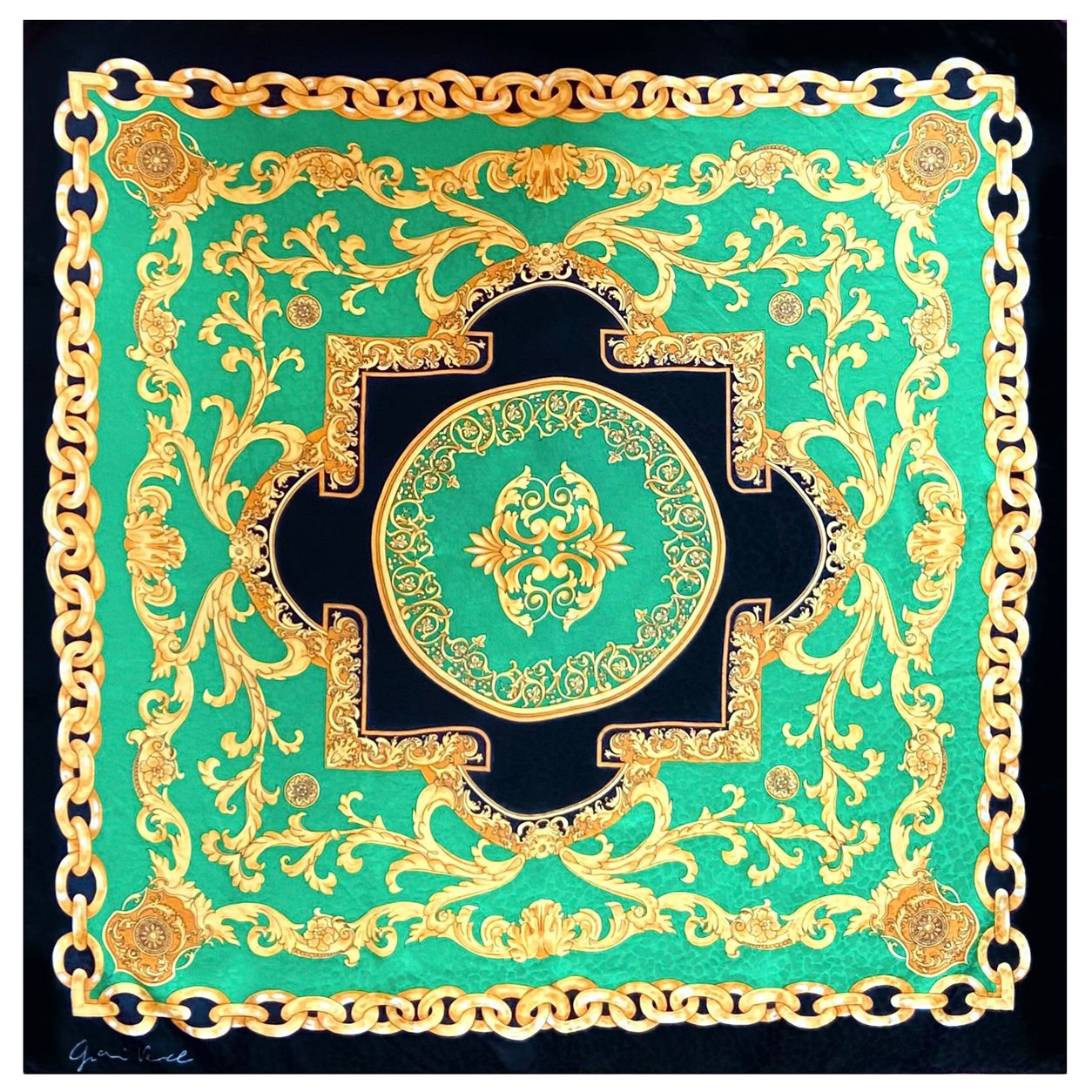 Versace Scarf in Green, Gold & Black - Preloved