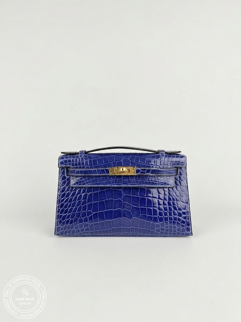 Hermès Kelly Pochette 22cm Bleu Electrique/Gris Perle Shiny Croc GHW