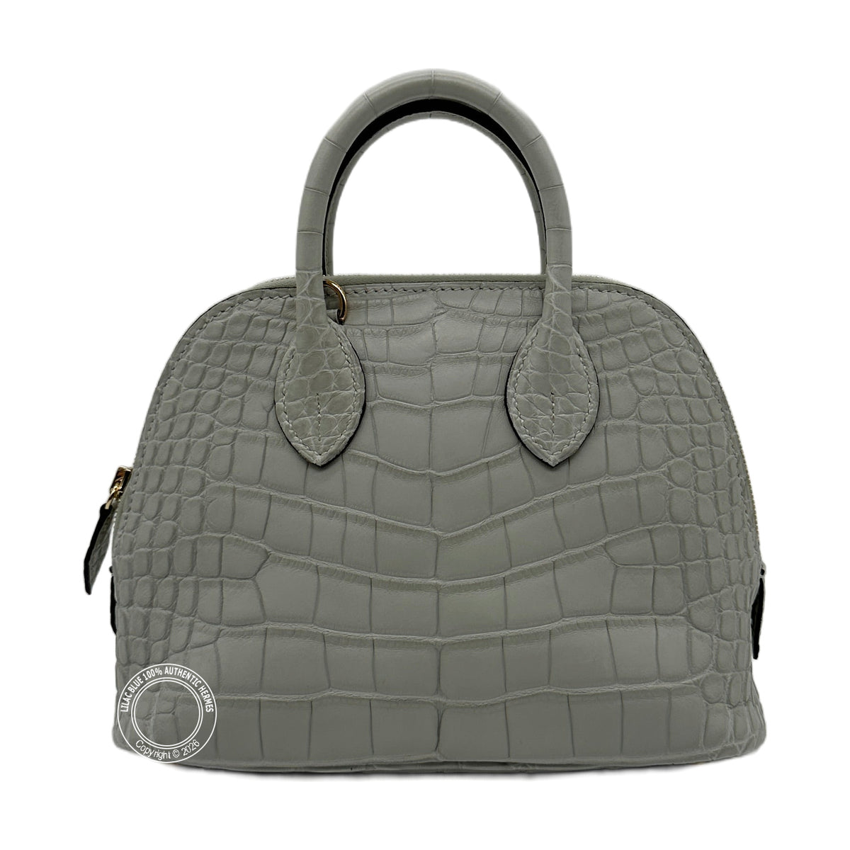 Hermès Mini Bolide Gris Neve Matte Alligator Gold Hardware — view 2