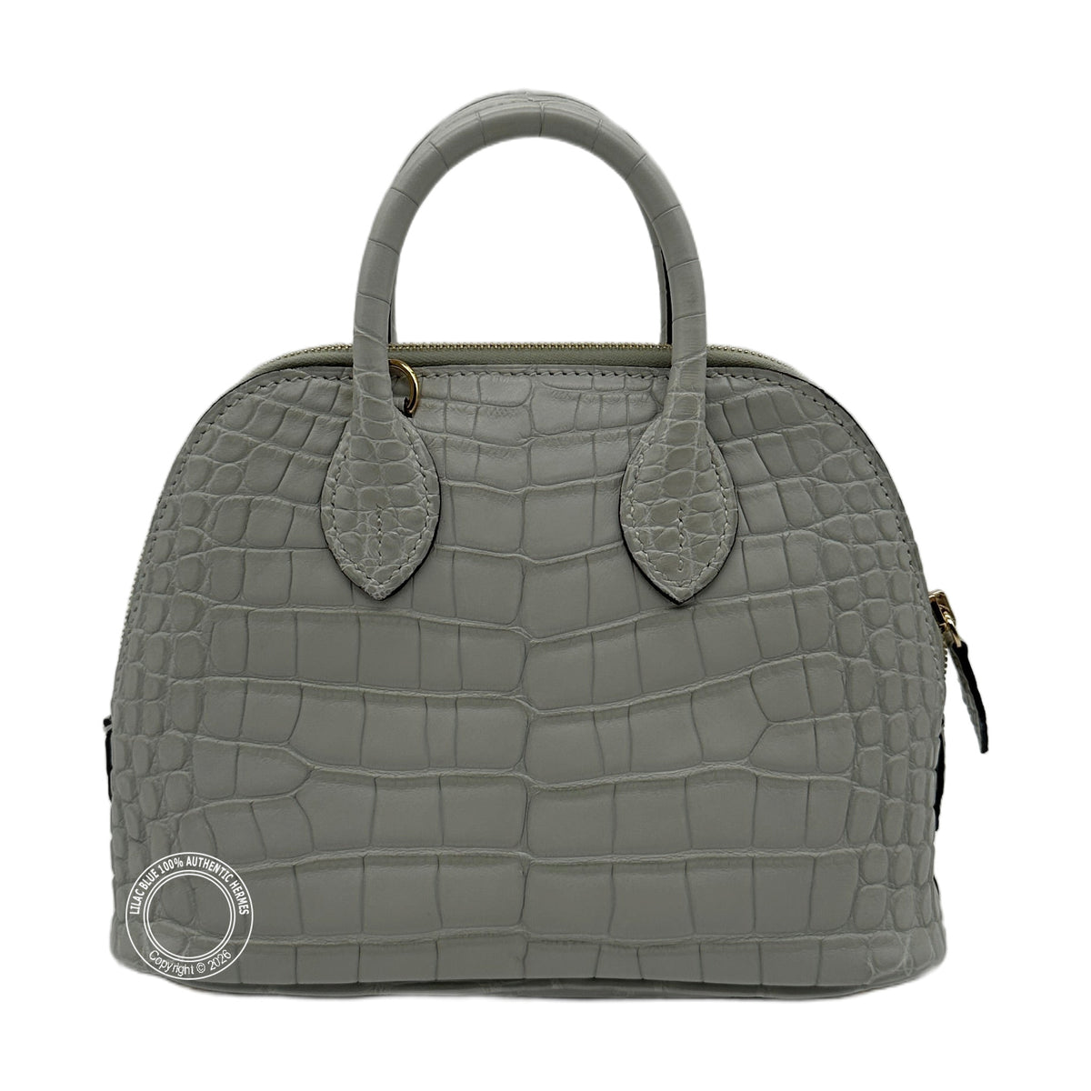 Hermès Mini Bolide Gris Neve Matte Alligator Gold Hardware — view 3