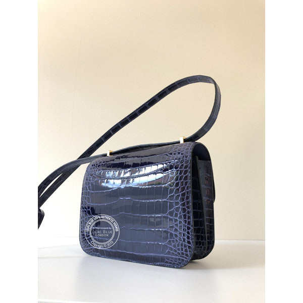 Hermès Constance 18cm Bleu Encre Shiny Croc GHW