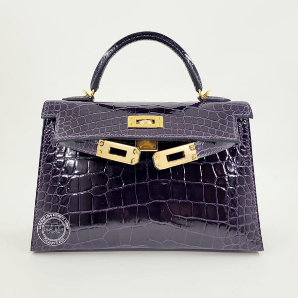 Hermès Kelly 20cm Amethyst Shiny Alligator GHW