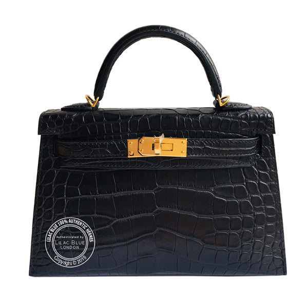 Hermès Kelly 20cm Black Matte Croc GHW